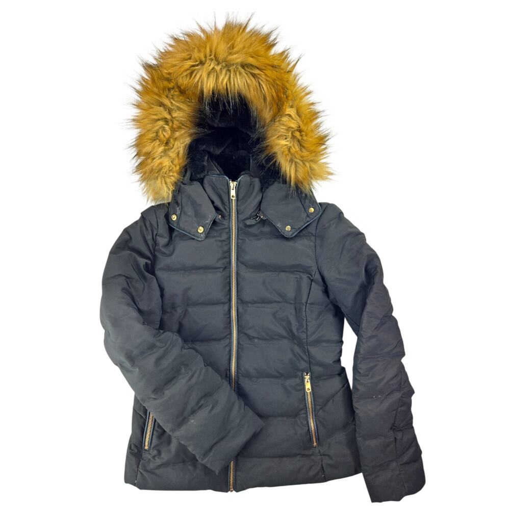 Zara | Black Down Puffer Coat w/Detachable Faux Fur Hood | Size M